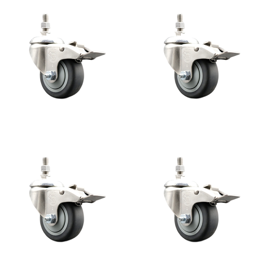 Thermoplastic Rubber Swivel Stem Caster with 3 in. Caster Wheels - 12 mm Metric Threaded Stems - 316 Stainless Steel Casters - Set of 4
