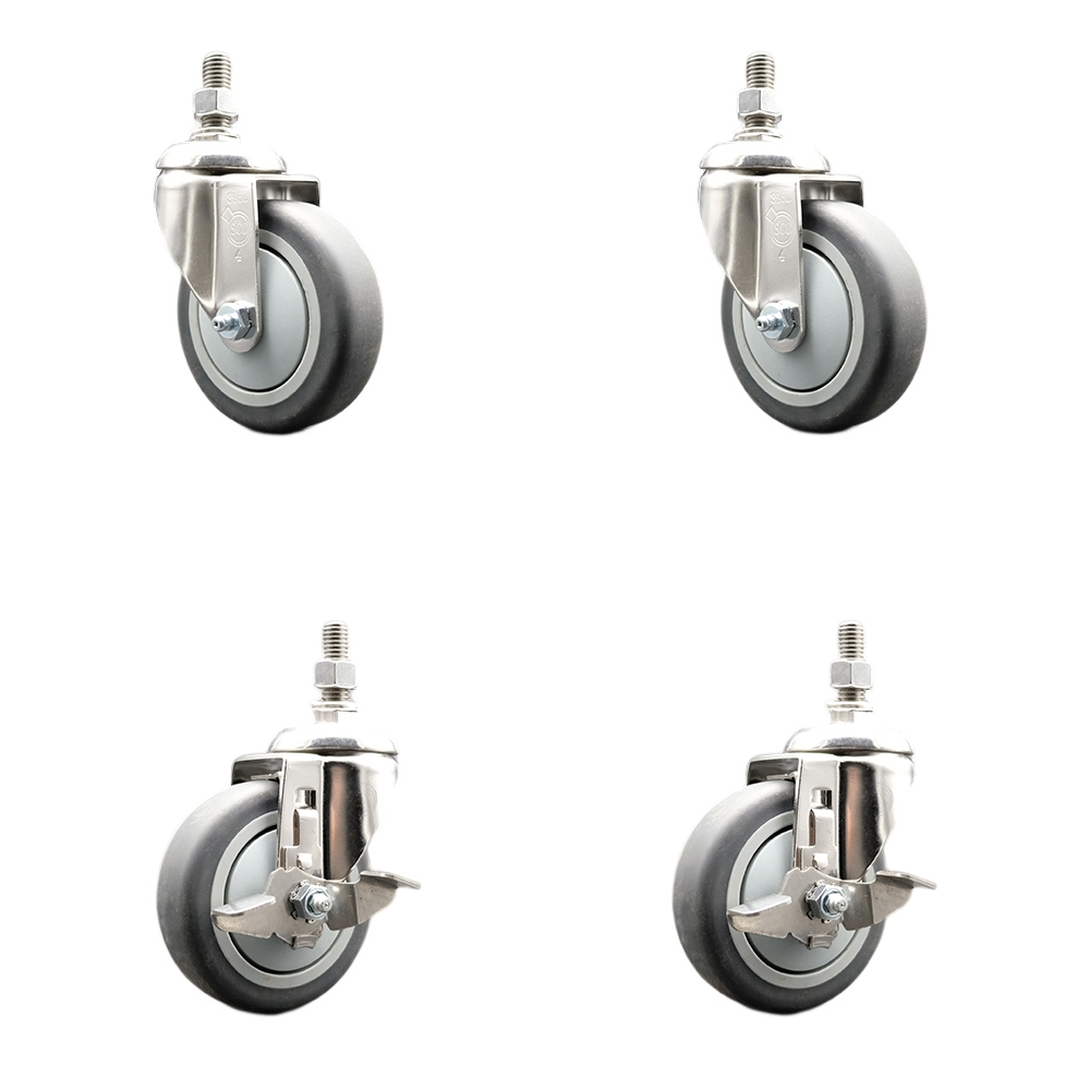 Thermoplastic Rubber Swivel Stem Caster with 4 in. Caster Wheels - 12 mm Threaded Stems - 316 Stainless Steel Caster - Set of 4