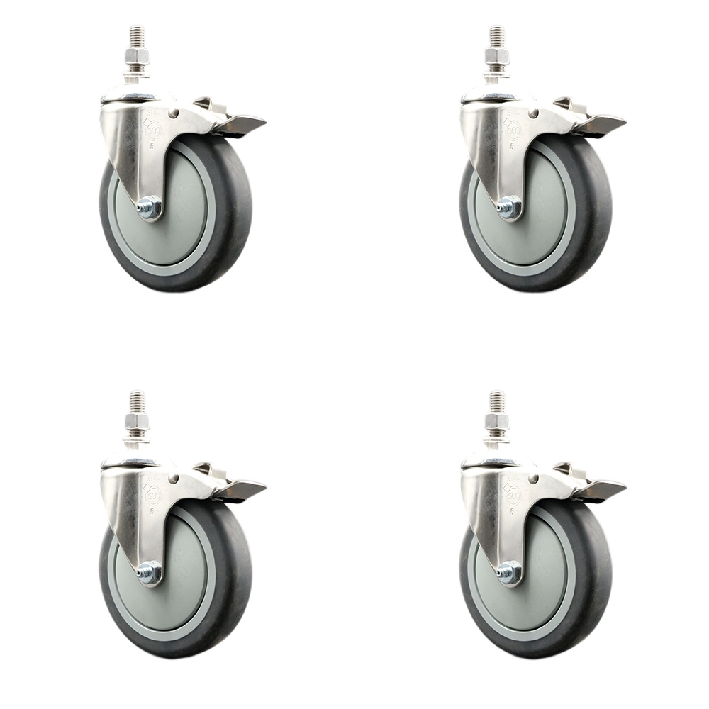 Thermoplastic Rubber Swivel Stem Caster with 5 in. Caster Wheels - 12 mm Metric Threaded Stems - 316 Stainless Steel Casters - Set of 4