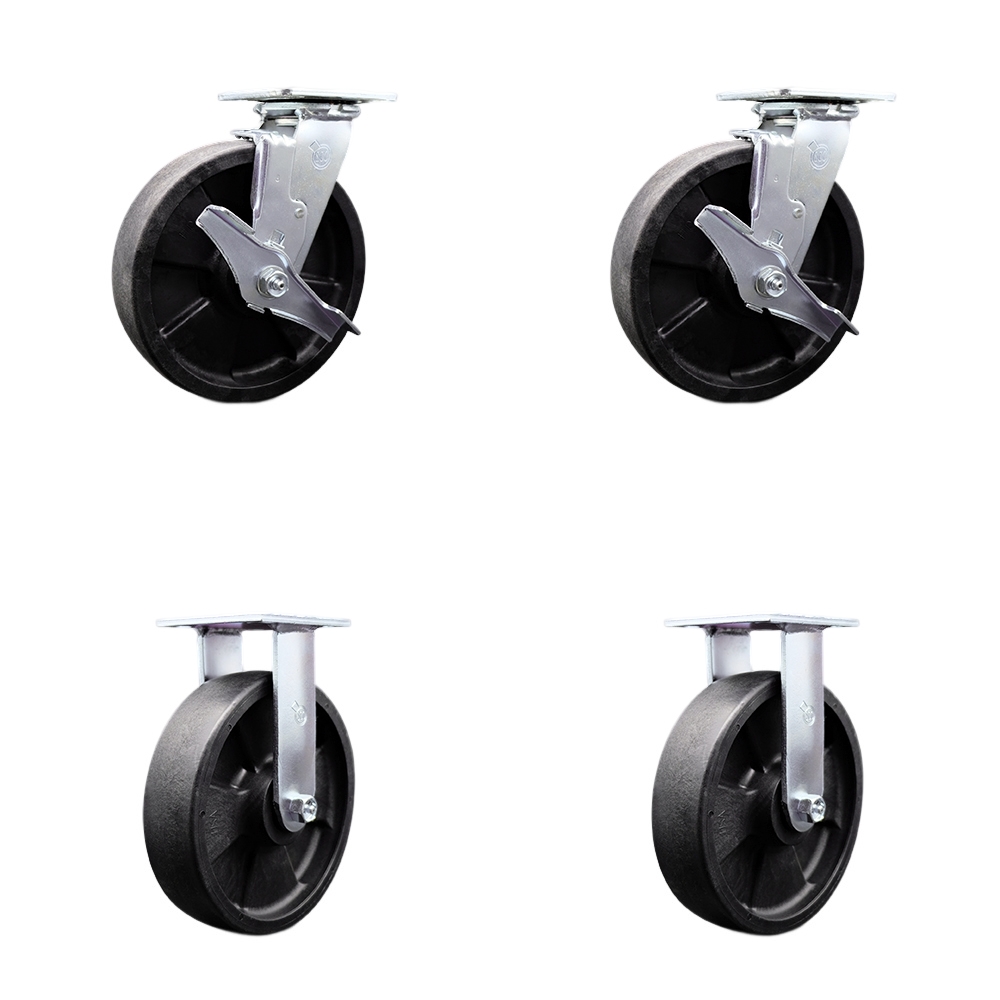 SCC-30CS820-GFNR-TLB-2-R-2 Glass Filled Nylon Swivel Top Plate Casters, Heavy Duty with 8 in. Wheels - 5000 lbs Total Capacity - Set of 4