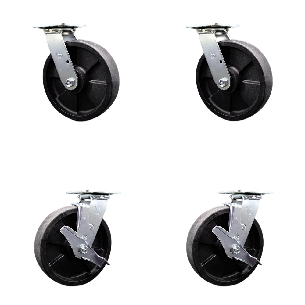 SCC-SS30S820-GFNR-BSL-2-TLB-2 Stainless Steel Glass Filled Nylon Swivel Top Plate Casters, Heavy Duty with 8 in. Wheels - Set of 4