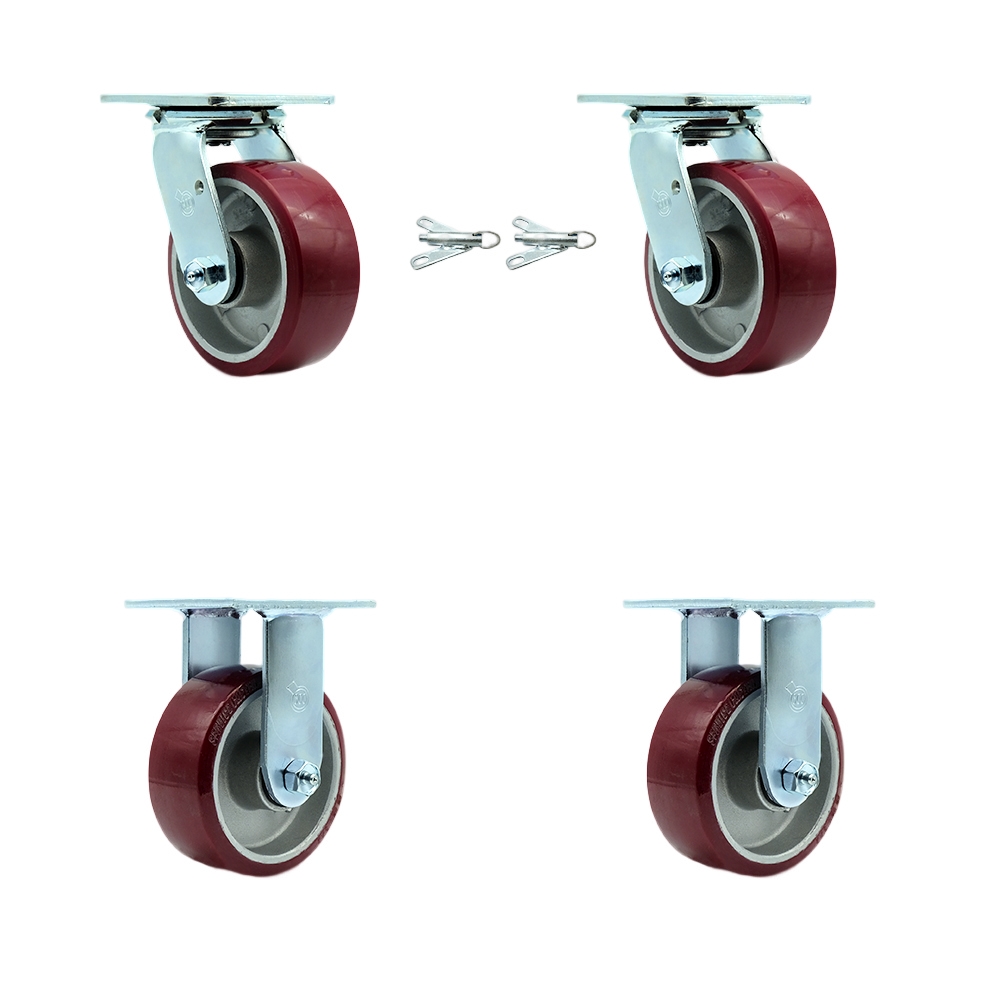 SCC-30CS520-PAR-BSL-2-R-2 Polyurethane on Aluminum Swivel Top Plate Casters, Heavy Duty with 5 in. Wheels - 3600 lbs Total Capacity - Set of 4