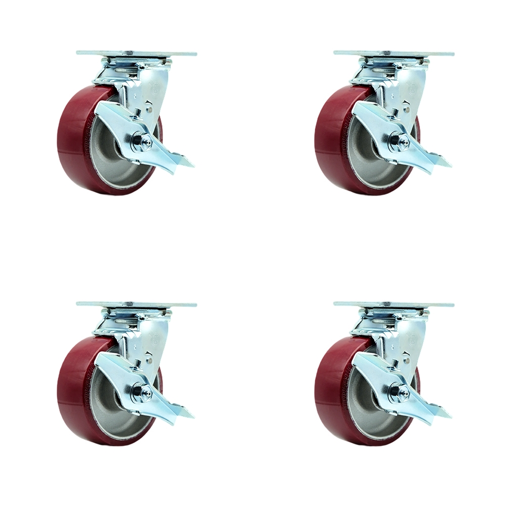 SCC-30CS520-PAR-TLB-BSL-2-TLB-2 Polyurethane on Aluminum Swivel Top Plate Casters, Heavy Duty with 5 in. Wheels - Set of 4