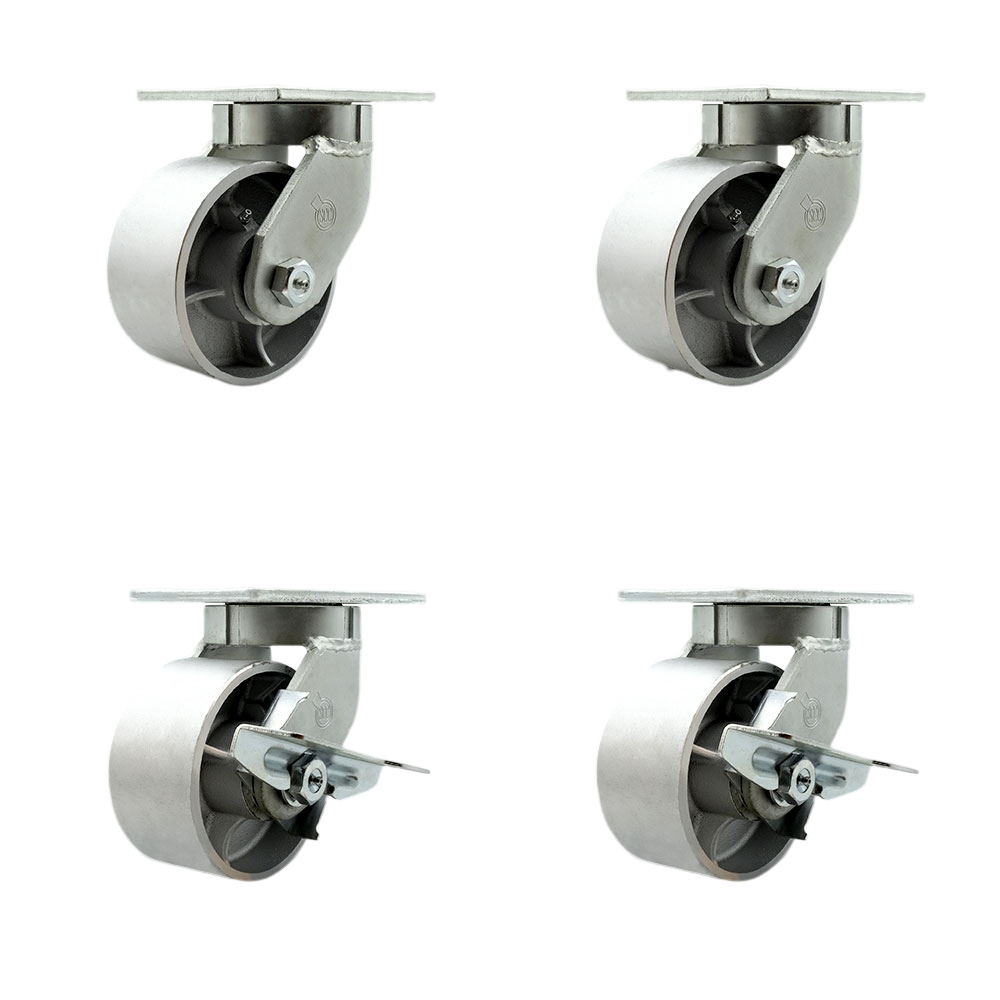 SCC-KP92S630-SSR-2-SLB-2 6 in. Swivel Top Plate Caster Set Extra Heavy Duty Casters with Semi Steel Cast Iron Wheels - Set of 4