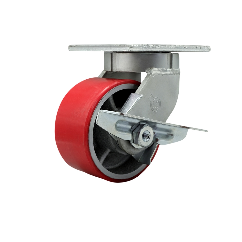 6 in. Swivel Top Plate Extra Heavy Duty Caster with Red Poly on Cast Iron Wheel & Side Lock Brake - Heavy Duty Caster Wheel - Industrial Caster