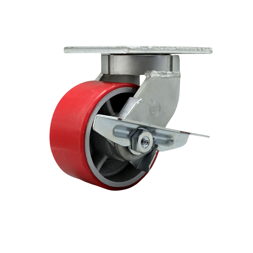 6 in. Swivel Top Plate Extra Heavy Duty Caster with Red Polyurethane on Cast Iron Wheel & Brake - Bolt on Swivel Lock - Heavy Duty Caster Wheel