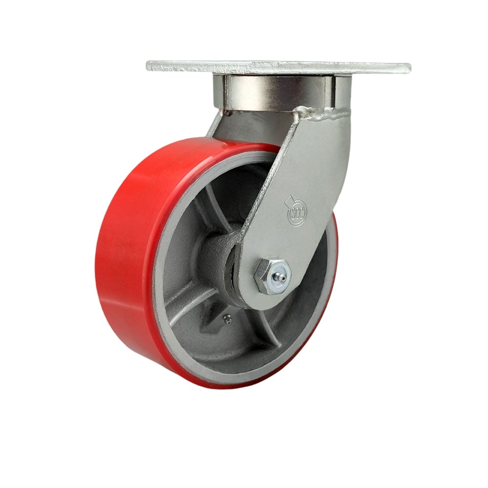 8 in. Swivel Top Plate Extra Heavy Duty Caster with Red Poly on Cast Iron Wheel & Bolt on Swivel Lock - Heavy Duty Caster Wheel - Industrial Caster