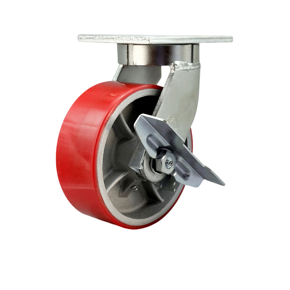 8 in. Swivel Top Plate Extra Heavy Duty Caster with Red Polyurethane on Cast Iron Wheel & Brake - Bolt on Swivel Lock - Heavy Duty Caster Wheel
