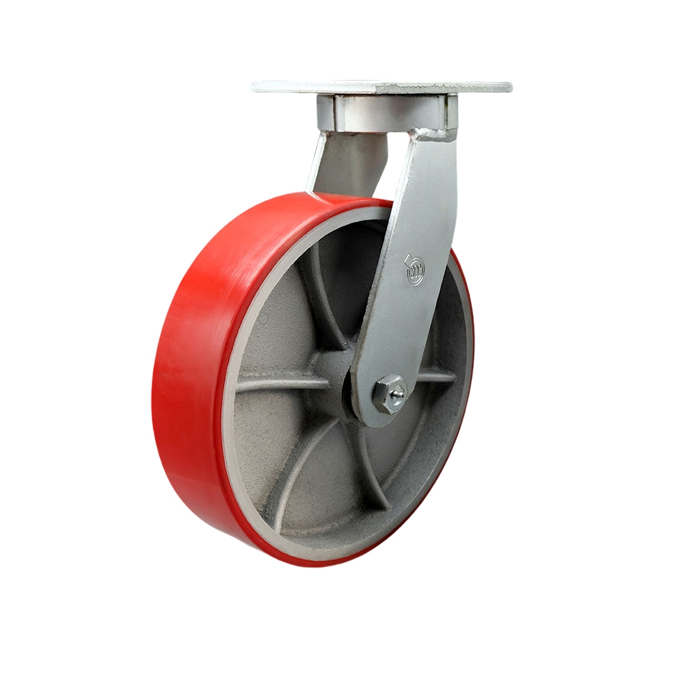 10 in. Swivel Top Plate Extra Heavy Duty Caster with Red Poly on Cast Iron Wheel & Bolt on Swivel Lock - Heavy Duty Caster Wheel - Industrial Caster