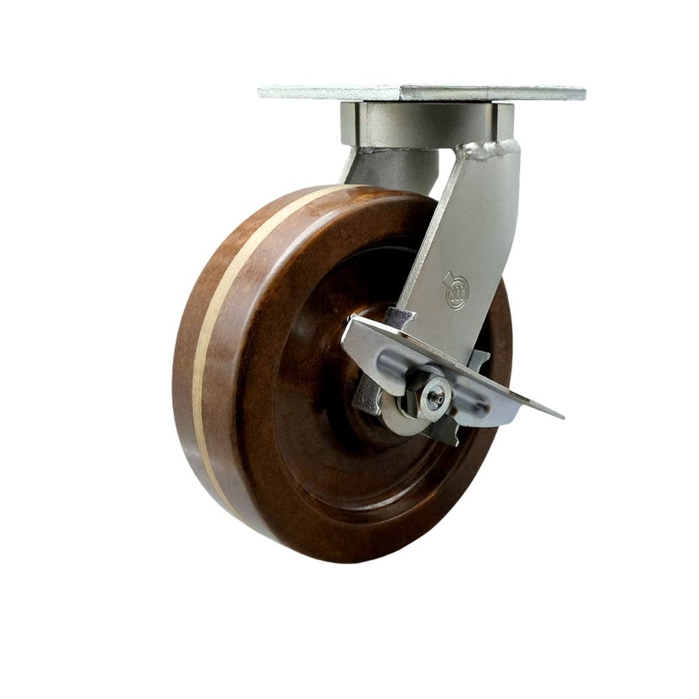 10 in. Swivel Top Plate Extra Heavy Duty Caster with High Temperature Phenolic Wheel & Side Lock Brake - Heavy Duty Caster Wheel - Industrial Caster