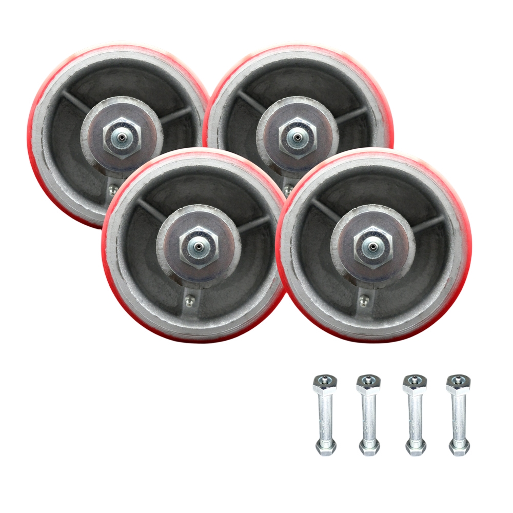Go Minis Moving & Portable Storage Container Replacement Wheel Set - 6 in. Red Polyurethane on Cast Iron Wheel with Zerk Axle Nuts - Set of 4