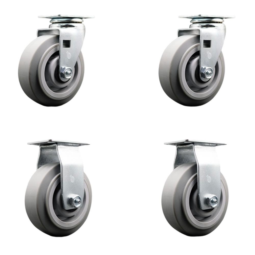 Swivel & Rigid Top Plate Caster Set, Gray 5 x 2 in. Thermoplastic Rubber Flat Tread Wheel Roller Bearing - 1800 lbs Total Capacity