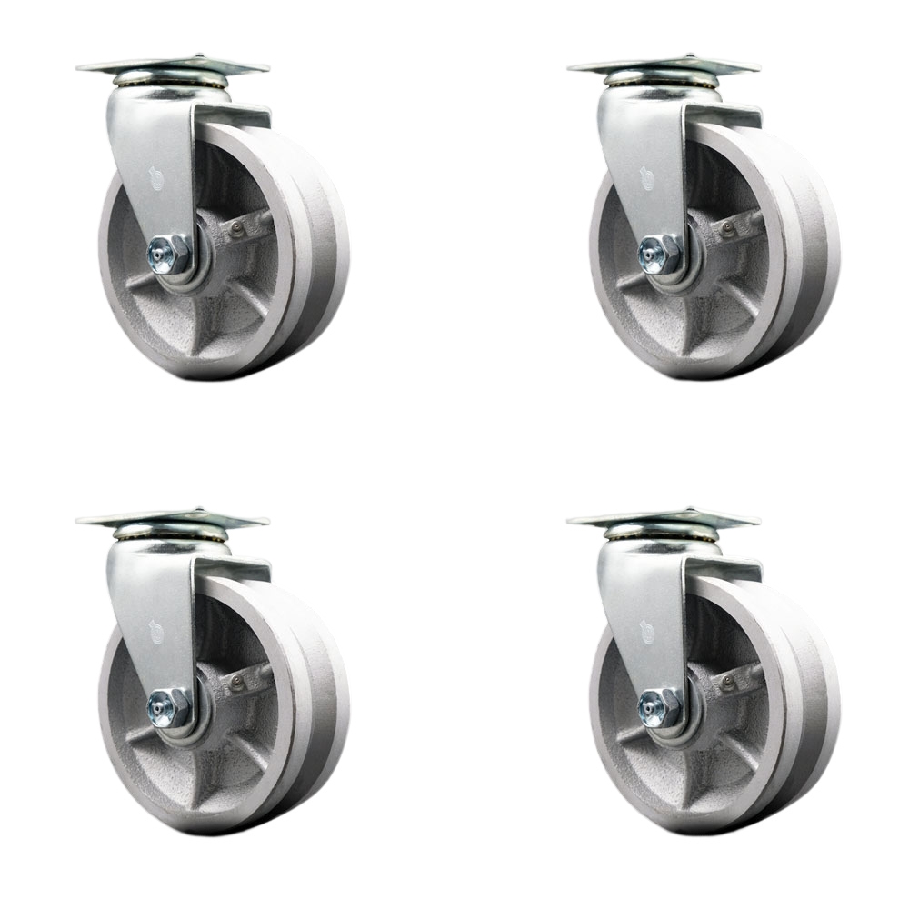 SCC-20S520-VGB-4 Swivel Top Plate Caster Set, Silver 5 x 2 in. V-Groove Semi Steel Cast Iron Wheel Ball Bearing - 1800 lbs Total Capacity