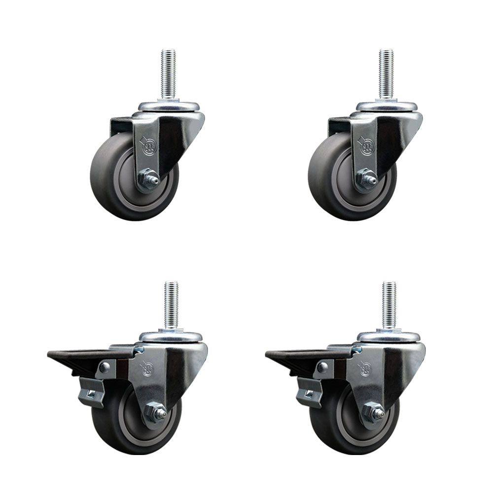 Thermoplastic Rubber Swivel Threaded Stem Caster - 3 x 1.25 in. Gray Wheels & 0.62 in. Stems - 840 lbs Total Capacity - Set of 4