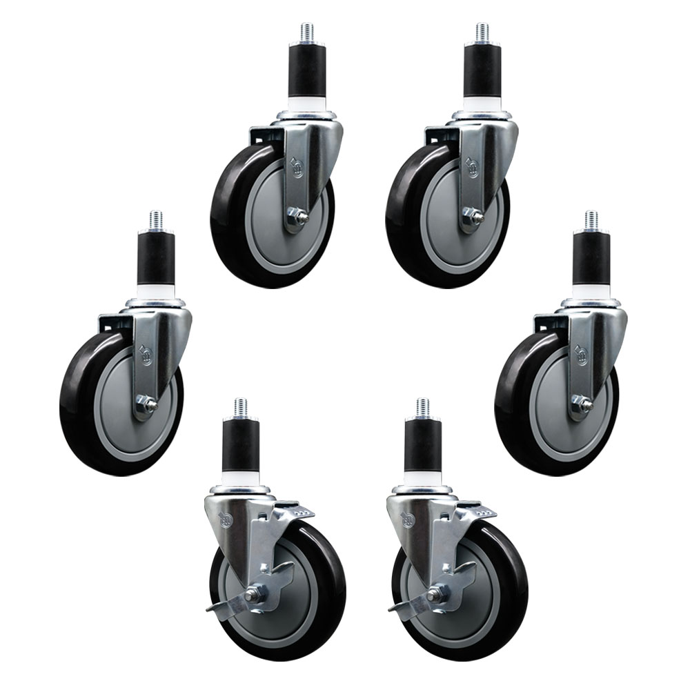 REG-EX20S514-PPUB-BLK-4-TLB-2-112 600CASTER6 Regency 5 in. Expanding Stem Caster Set - Light Duty Replacement - Black Polyurethane Wheel