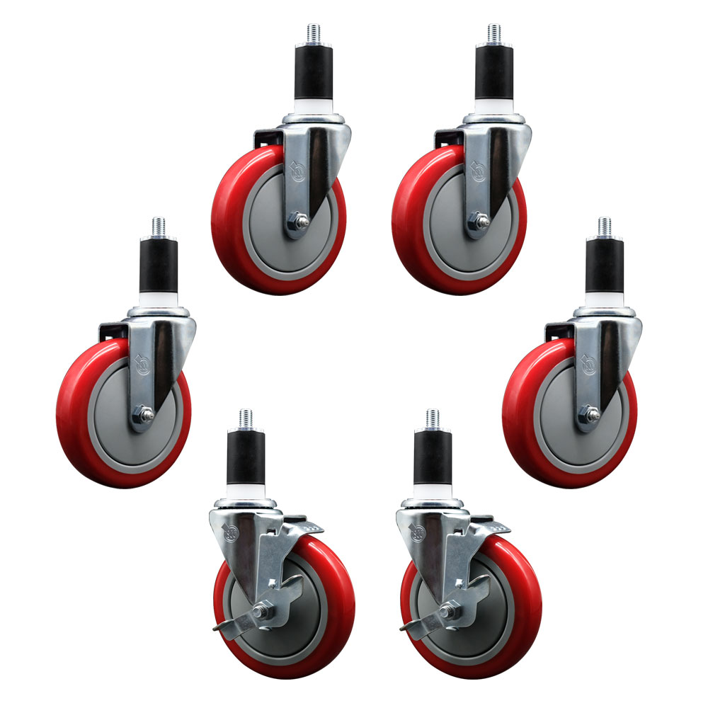 REG-EX20S514-PPUB-RED-4-TLB-2-112 600CASTER6 Regency 5 in. Expanding Stem Caster Set - Light Duty Replacement - Red Polyurethane Wheel