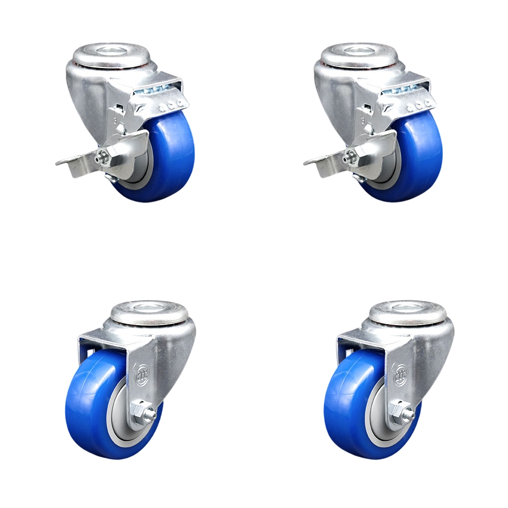 SCC-BH20S3514-PPUB-BLUE-TLB-2-S-2 Polyurethane Swivel Bolt Hole Caster with 3.5 x 1.25 in. Blue Wheels - Set of 4