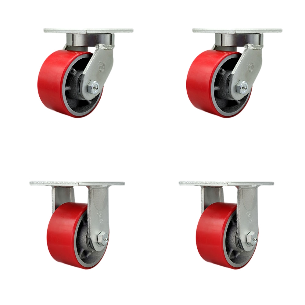 6 in. Swivel Top Plate Caster Set Extra Heavy Duty Casters with Red Poly on Cast Iron Wheels - 8000 lbs Total Capacity - Set of 4