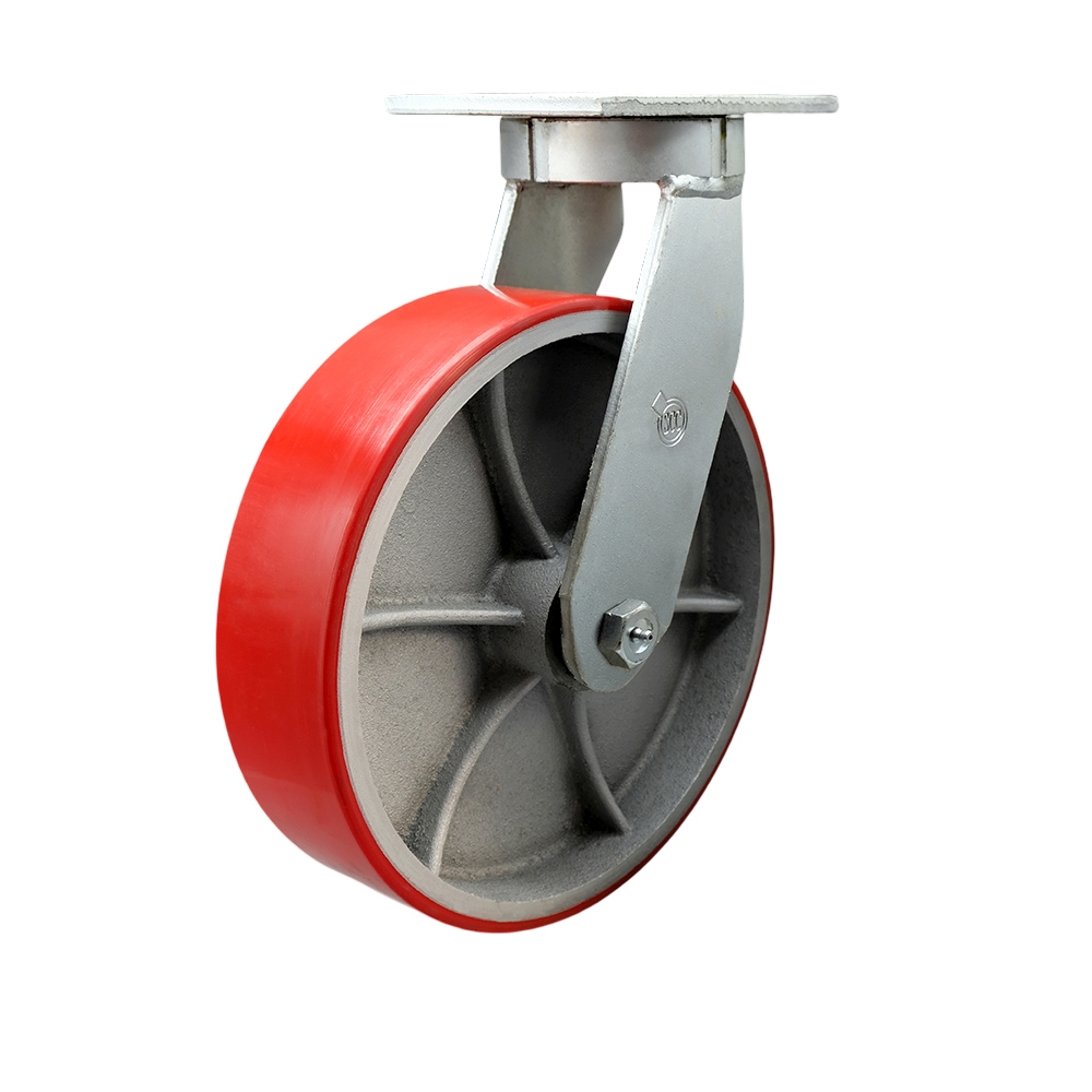 12 in. Swivel Top Plate Extra Heavy Duty Caster with Red Poly on Cast Iron Wheel & Bolt on Swivel Lock - Heavy Duty Caster Wheel - Industrial Caster