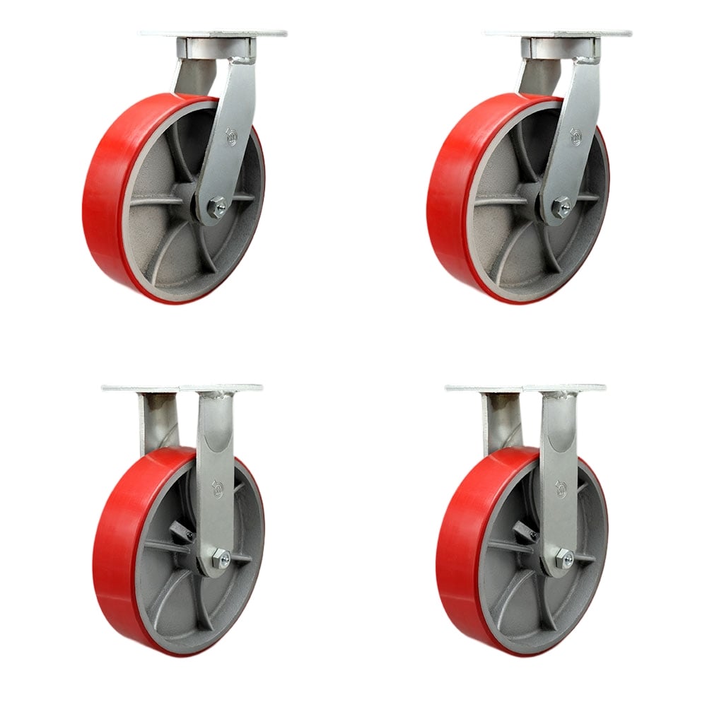 12 in. Swivel Top Plate Caster Set Extra Heavy Duty Casters with Red Poly on Cast Iron Wheels - 14000 lbs Total Capacity - Set of 4