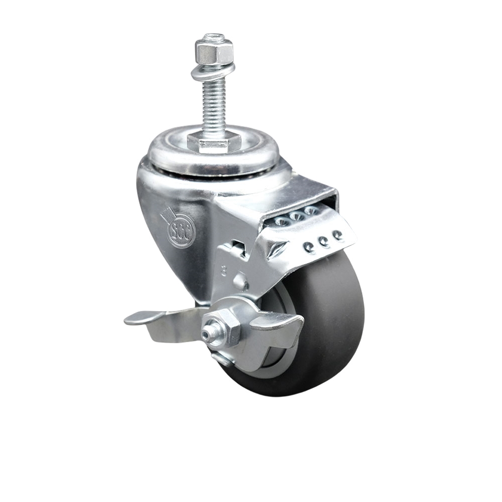 Stainless Steel Thermoplastic Rubber Swivel Threaded Stem Caster - 3 x 1.25 in. Gray Wheel & 0.37 in. Stem & Top Locking Brake - 210 lbs Capacity