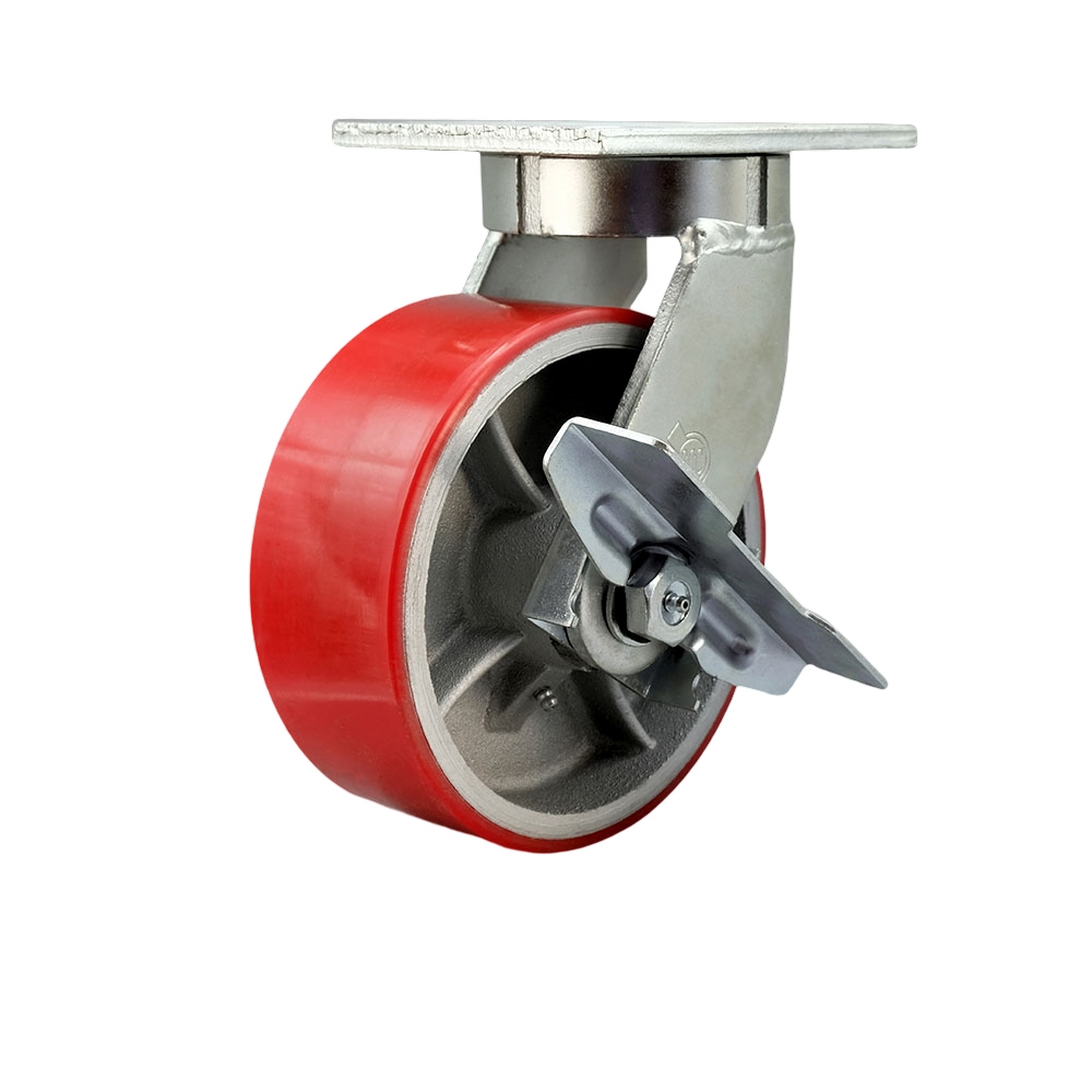 8 in. Swivel Top Plate Extra Heavy Duty Caster with Red Poly on Cast Iron Wheel & Side Lock Brake - Heavy Duty Caster Wheel - Industrial Caster