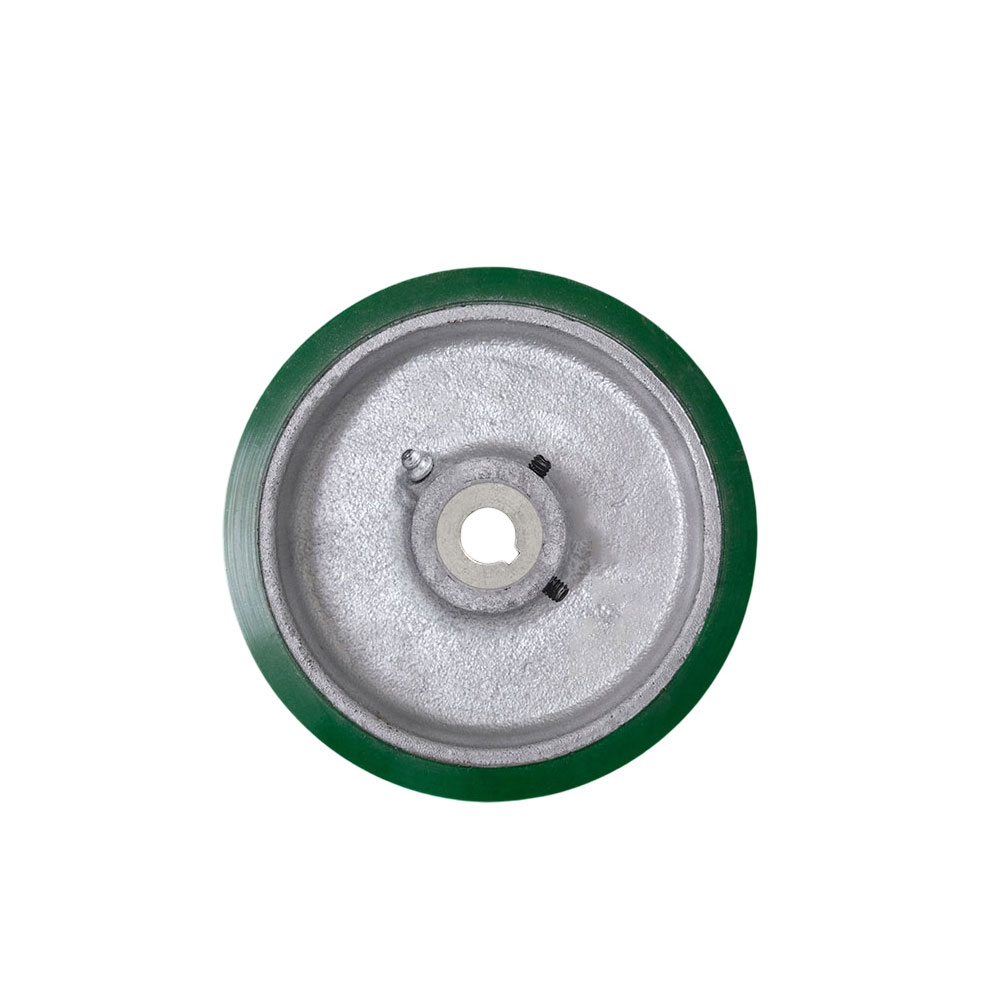 SCC-EZPUS415-12MM-KW-2SS 4 x 1.5 in. Green Polyurethane Tread on Cast Iron Keyed Drive Wheel - 12 mm Plain Bore with Two 0.25 in. Set Screws