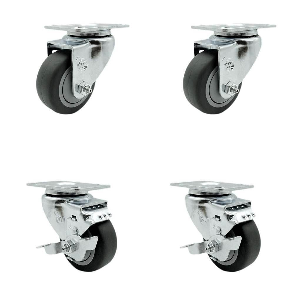 SCC-SS20S314-TPRB-2-TLB-2 Stainless Steel Thermoplastic Rubber Swivel Top Plate Caster - 3 x 1.25 in. Gray Wheels - 840 lbs Total Capacity - Set of 4