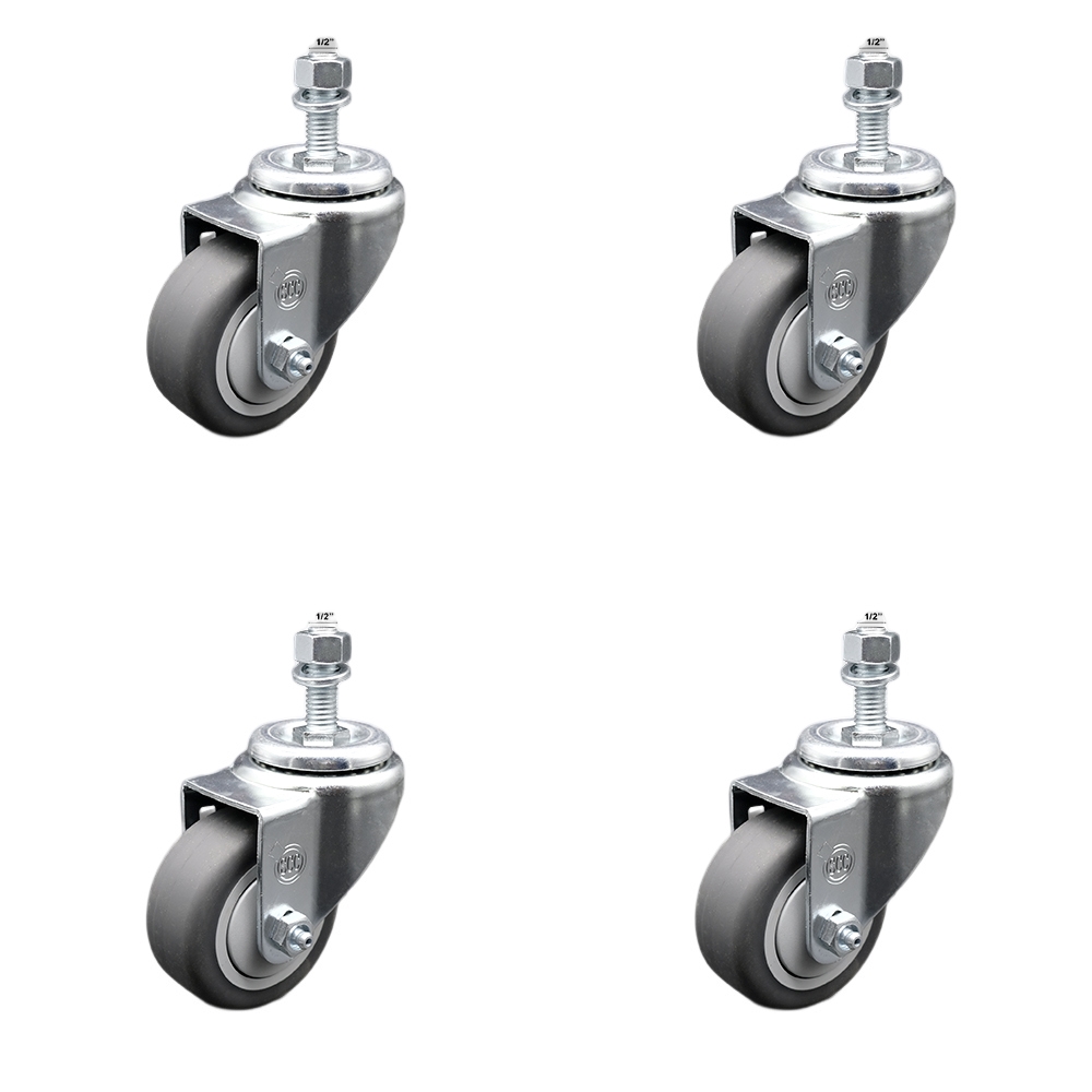 Stainless Steel Thermoplastic Rubber Swivel Threaded Stem Caster - 3 x 1.25 in. Gray Wheels & 0.50 in. Stems - 840 lbs Total Capacity - Set of 4