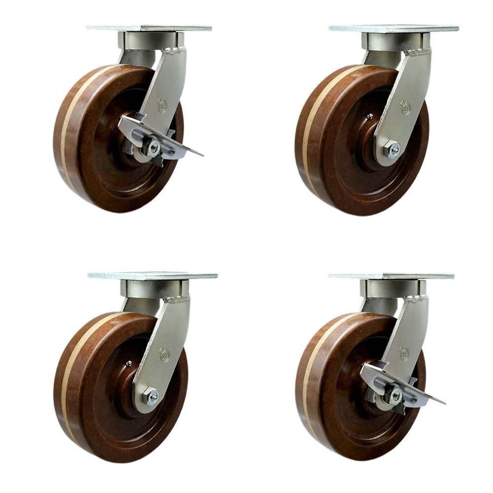 SCC-KP92S1230-PHRHT-BSL-2-SLB-2 12 in. Swivel Top Plate Caster Set Extra Heavy Duty Casters with High Temperature Phenolic Wheels - Set of 4