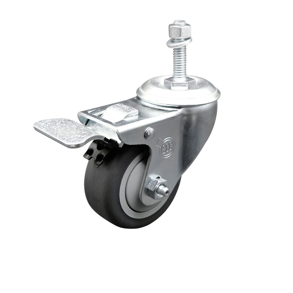 Thermoplastic Rubber Swivel Threaded Stem Caster - 3 x 1.25 in. Gray Wheel & 10 mm Metric Stem & Total Locking Brake - 210 lbs Capacity per Caster