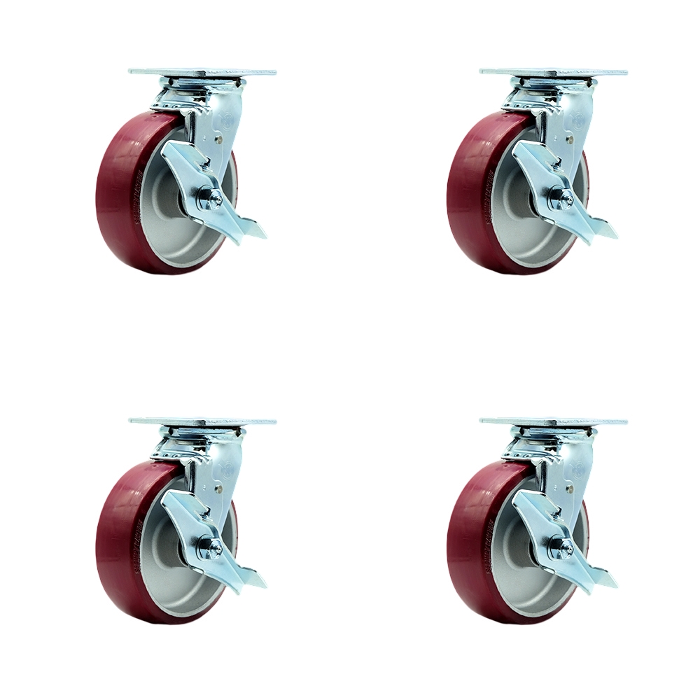 SCC-30CS620-PAR-TLB-BSL-2-TLB-2 Polyurethane on Aluminum Swivel Top Plate Casters, Heavy Duty with 6 in. Wheels - Set of 4