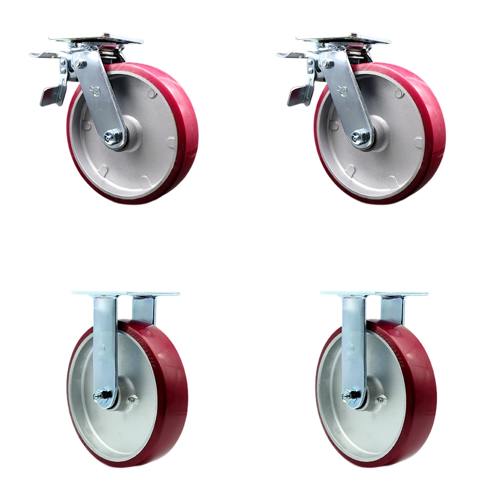 SCC-TTL30S820-PAR-2-R-2 Polyurethane on Aluminum Swivel Top Plate Casters, Heavy Duty with 8 in. Wheels - 5000 lbs Total Capacity - Set of 4