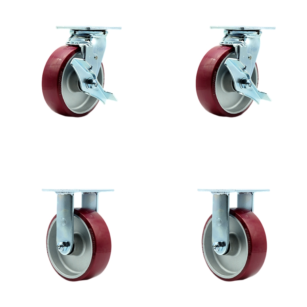 Stainless Steel Polyurethane on Aluminum Swivel Top Plate Casters, Heavy Duty with 6 in. Wheels - 4800 lbs Total Capacity - Set of 4