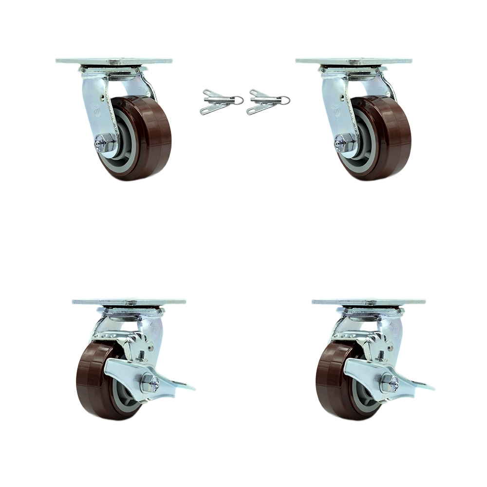 SCC-30CS420-PPUR-BSL-2-TLB-2 Polyurethane Swivel Top Plate Casters, Heavy Duty with 4 in. Wheels - 2400 lbs Total Capacity - Set of 4