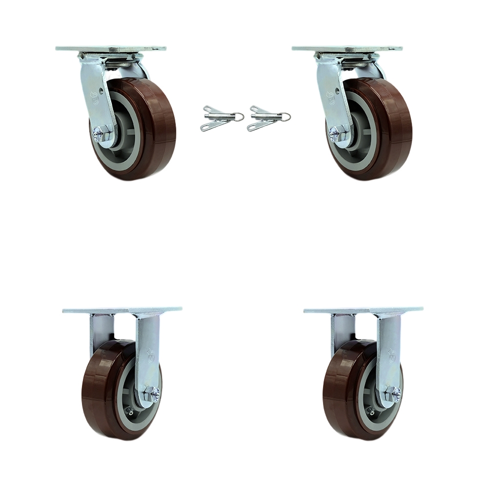 SCC-30CS520-PPUR-BSL-2-R-2 Polyurethane Swivel Top Plate Casters, Heavy Duty with 5 in. Wheels - 3000 lbs Total Capacity - Set of 4