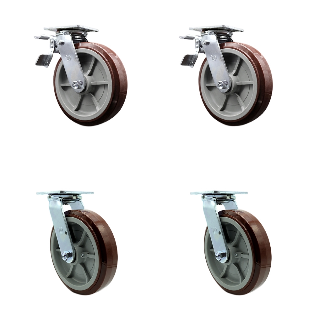 SCC-TTL30S820-PPUR-2-S-2 Polyurethane Swivel Top Plate Casters, Heavy Duty with 8 in. Wheels - 4000 lbs Total Capacity - Set of 4