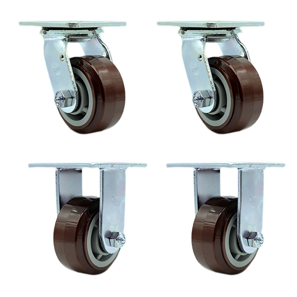SCC-SS30S420-PPUR-BSL-2-R-2 Stainless Steel Polyurethane Swivel Top Plate Casters, Heavy Duty with 4 in. Wheels - Set of 4