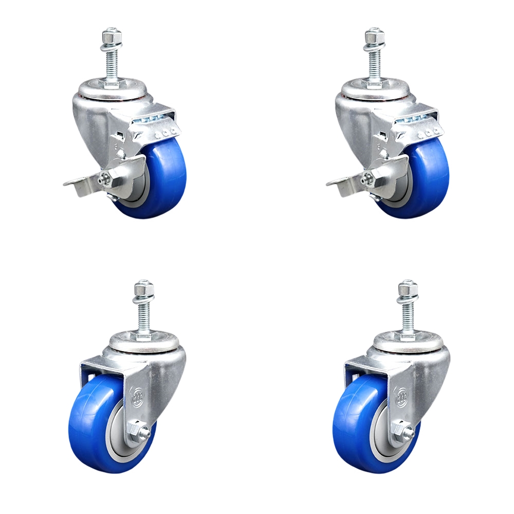 SCC-TS20S3514-PPUB-BLUE-TLB-M1015-2-S-2 Polyurethane Swivel Threaded Stem Caster with 3.5 x 1.25 in. Blue Wheels & 10 mm Stems - Set of 4