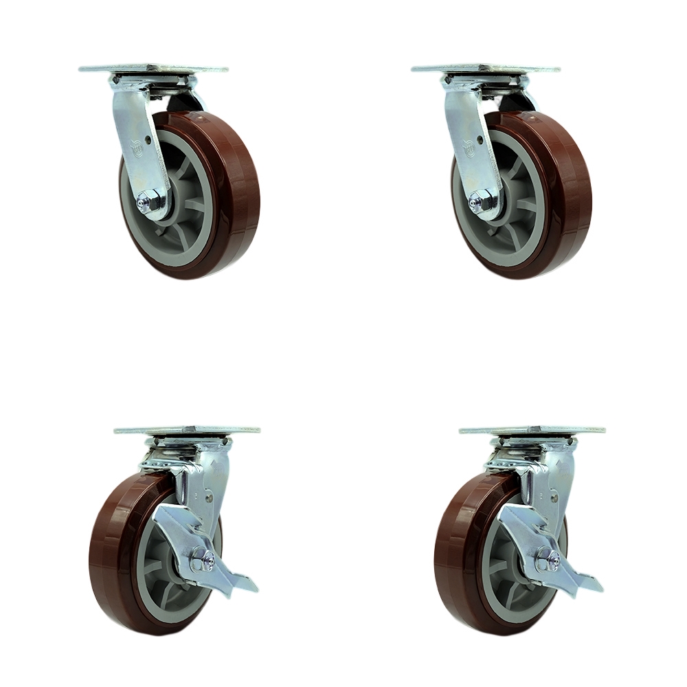 Stainless Steel Polyurethane Swivel Top Plate Casters, Heavy Duty with 6 in. Wheels - 3600 lbs Total Capacity - Set of 4