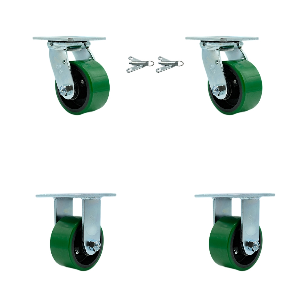 Polyurethane on Cast Iron Swivel Top Plate Casters, Heavy Duty with 4 in. Green Wheels - 2800 lbs Total Capacity - Set of 4