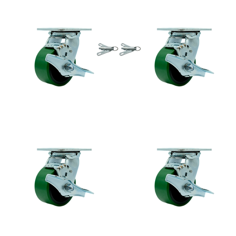 SCC-30CS420-PUR-GB-TLB-BSL-2-TLB-2 Polyurethane on Cast Iron Swivel Top Plate Casters, Heavy Duty with 4 in. Green Wheels - Set of 4