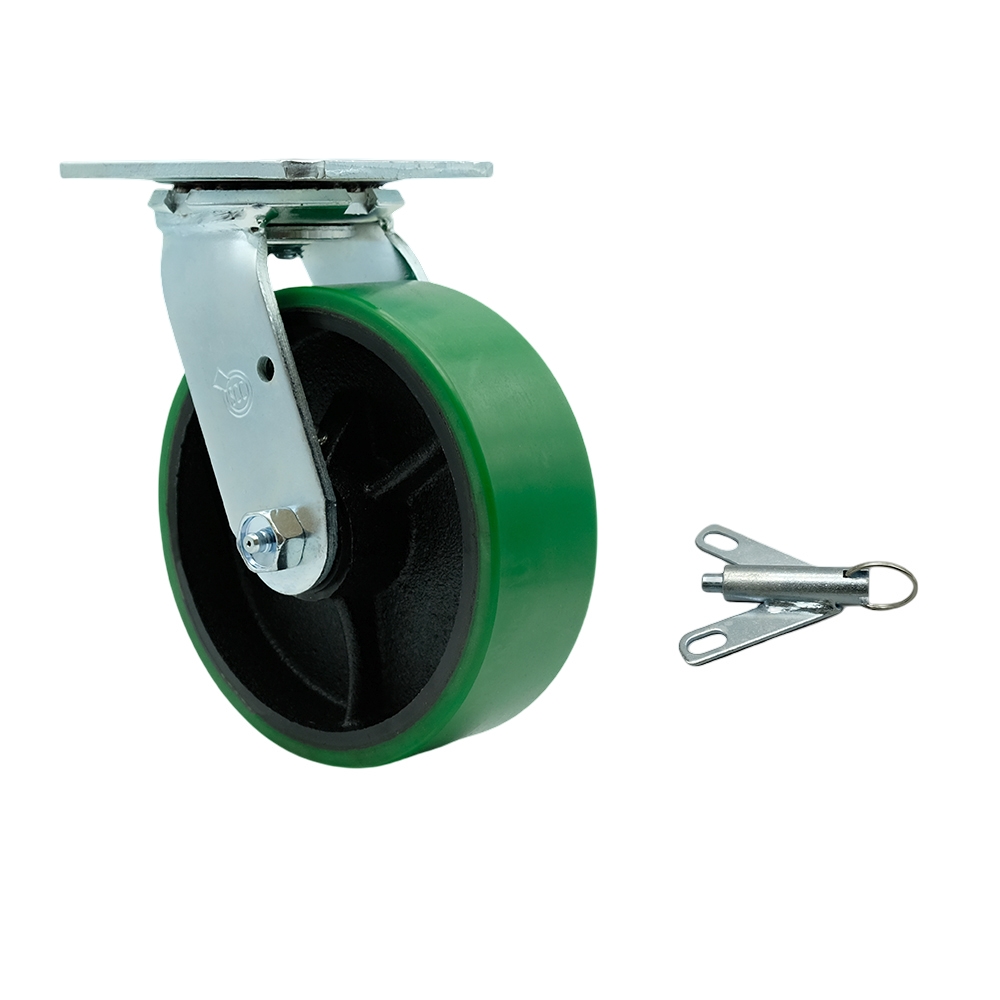 Polyurethane on Cast Iron Swivel Top Plate Heavy Duty Caster with 6 in. Green Wheel & Bolt on Swivel Lock - 1200 lbs Capacity per Caster