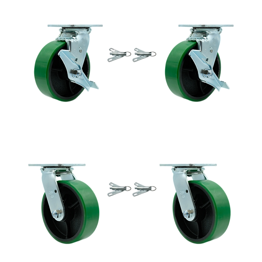 SCC-30CS620-PUR-GB-TLB-BSL-2-BSL-2 Poly on Cast Iron Swivel Top Plate Casters, Heavy Duty with 6 in. Green Wheels - Set of 4