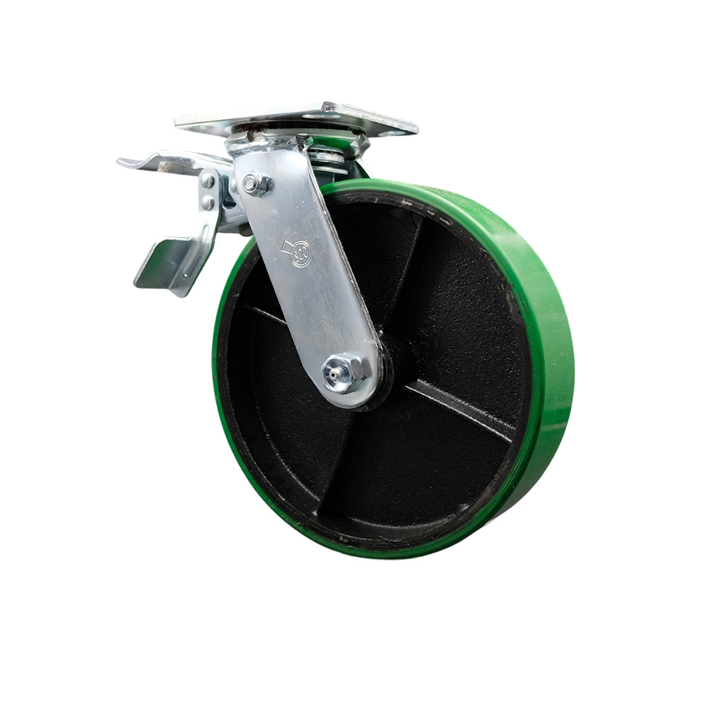 Polyurethane on Cast Iron Swivel Top Plate Heavy Duty Caster with 8 in. Green Wheel & Total Lock Brake - 1250 lbs Capacity per Caster