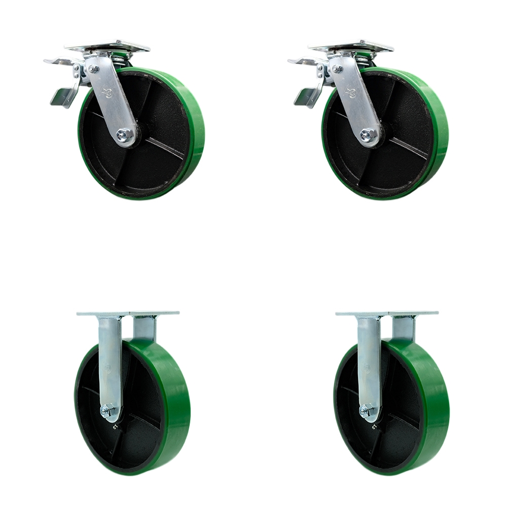 Polyurethane on Cast Iron Swivel Top Plate Casters, Heavy Duty with 8 in. Green Wheels - 5000 lbs Total Capacity - Set of 4