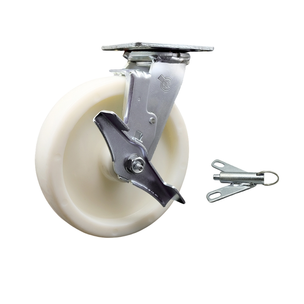 Stainless Steel Nylon Swivel Top Plate Heavy Duty Caster with 8 in. Wheel & Top Lock Brake & Bolt on Swivel Lock - 1250 lbs Capacity per Caster