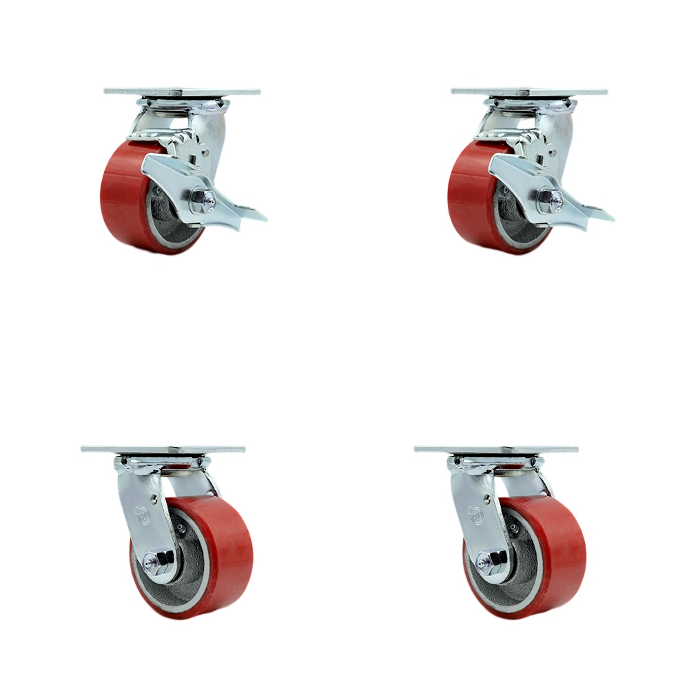SCC-30CS420-PUR-RS-TLB-BSL-2-BSL-2 Poly on Cast Iron Swivel Top Plate Casters, Heavy Duty with 4 in. Red Wheels - Set of 4