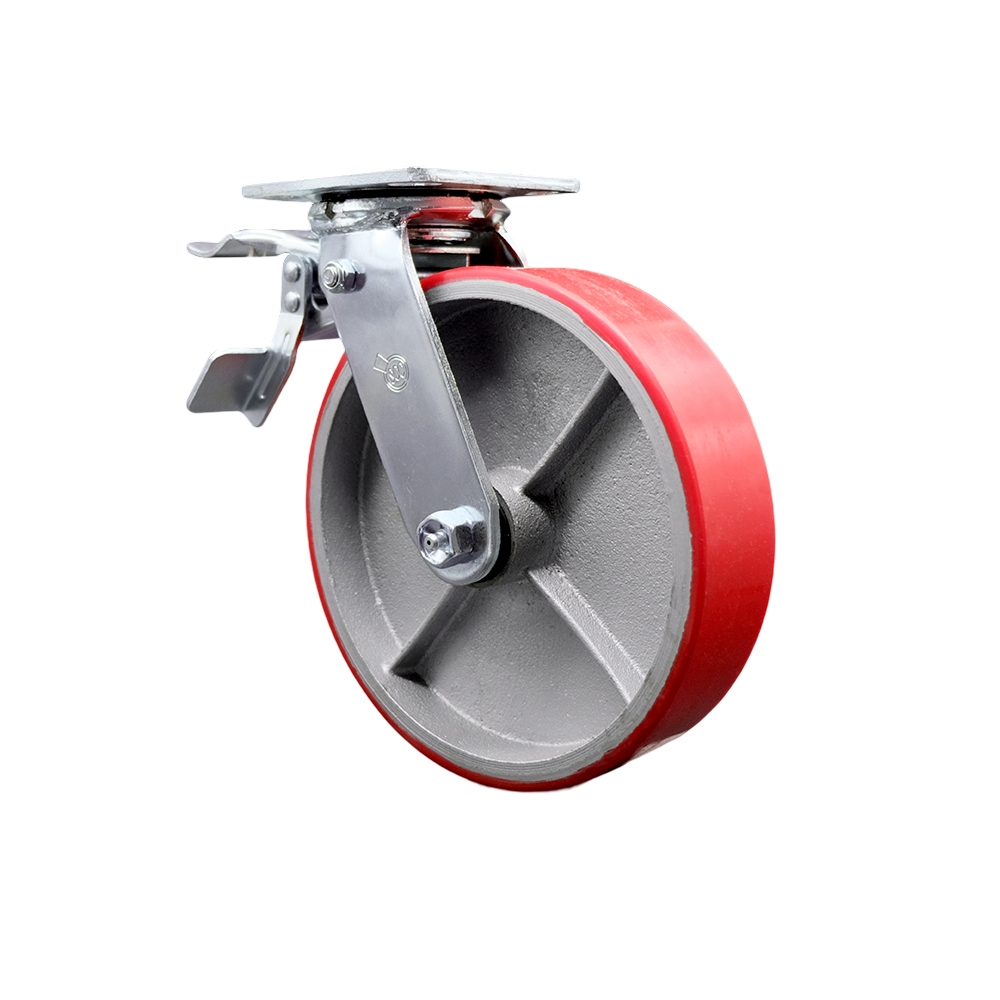 Polyurethane on Cast Iron Swivel Top Plate Heavy Duty Caster with 8 in. Red Wheel & Total Lock Brake - 1250 lbs Capacity per Caster