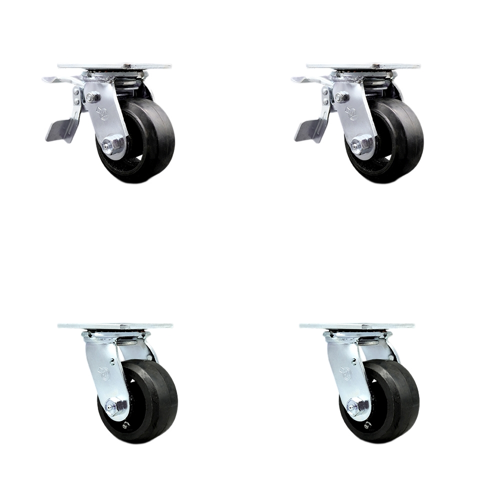 SCC-TTL30S420-RSR-2-S-2 Rubber on Metal Swivel Top Plate Casters, Heavy Duty with 4 in. Wheels - 1600 lbs Total Capacity - Set of 4